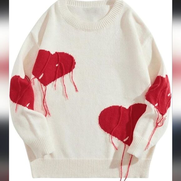 Romwe Heart Pattern Fringe Trim Drop Shoulder Sweater Sz Small - Picture 11 of 13